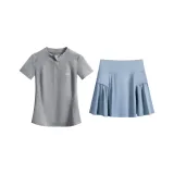 Gray Short-Sleeved Two-Piece Set (Misty Blue Skirt)  
Серый Короткий рукав Двухкомпонентный комплект (Юбка Misty Blue)