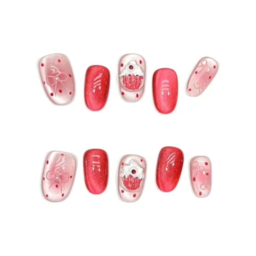 LIANJING [Сладкий стиль Promise] Ручная работа Искусственный Ногтик Розовый Sparkle Cat Eye Бант Жемчужный Торт Nail Art 20mm Овал