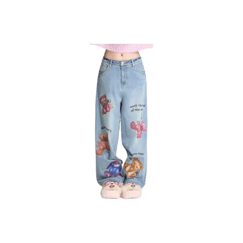 LALABOBO Джинсы Женские Средне-голубой Белый
