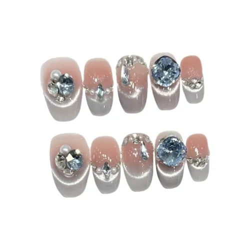 Search Blue Handcrafted False Nail Короткий Круглый Серебристо-белый Jump Цвет Французский