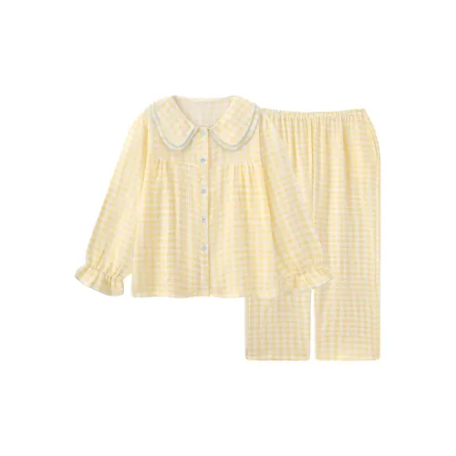 Mu Qingqing Желтая клетка Воротник Питера Пэна Унисекс Пижамные комплекты