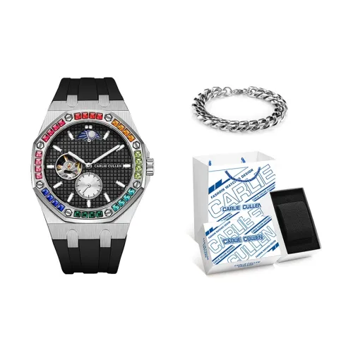 CARLIECULLEN Автоматический Механический Механизм Силиконовый Ремешок Часы Мужские Черный Циферблат