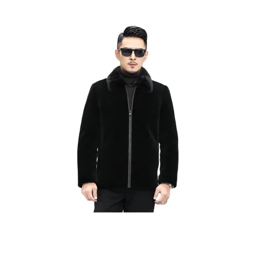 POUM Черное Шерстяное Пальто + Норка Отложной Воротник Мужская Меховая Одежда