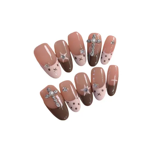 T Z Millennial Позиционирование стиля Ручная работа Крест Стич Кирпич False Nail Миндаль Короткий ЛАДДЕР Градиентный Кофе Однотонный Французский