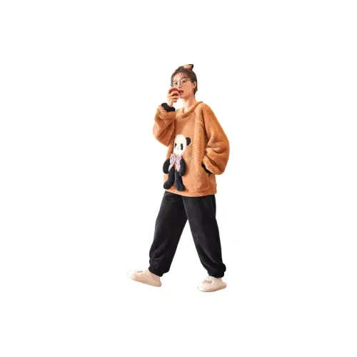 HAPG Коричневый топ + черные штаны Женские пижамные комплекты