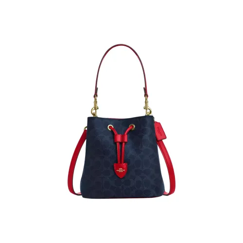 COACH RowanSignature Покрытый холст Ведрообразная сумка Маленькая Женская Синяя и Красная