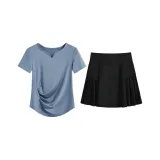 Синий комплект из двух предметов с короткими рукавами (черные штаны)