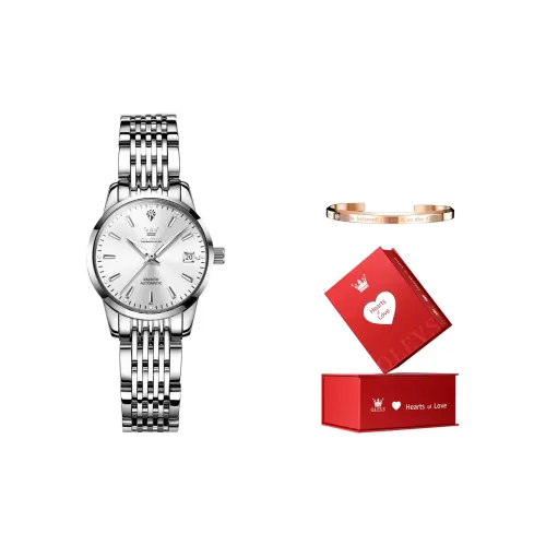 OLEVS Механические часы с ремешком из нержавеющей стали женские с белым циферблатом