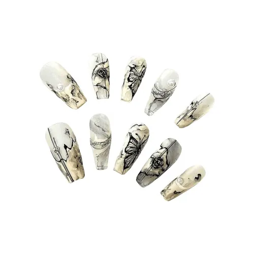 T Z Чернила Китайский стиль Премиум Feel False Nail MID Длина Прямоугольный Серый Телесный Прозрачный Smudge Новый китайский стиль