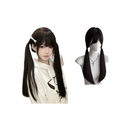 Northward Incline Черный длинный прямая женская парик Shouluo Сладкий стиль Повседневный Два хвостика с боковой частью JK