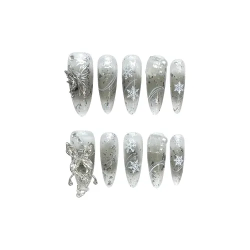 OEING False Nail Ртуть Бабочка Французский Тяжелый Y2K Flashing MID Длина Серебристо-белый Смузи Блестки