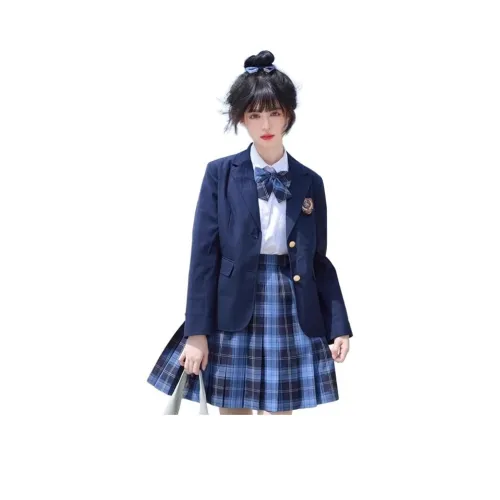 FEIFEIKA Темно-синий Бизнес Костюм Пальто с двумя пуговицами + Длинная рубашка с рукавами + Юбка в клетку + Сочетающиеся галстуки-бабочки + Случайные аксессуары Женская униформа