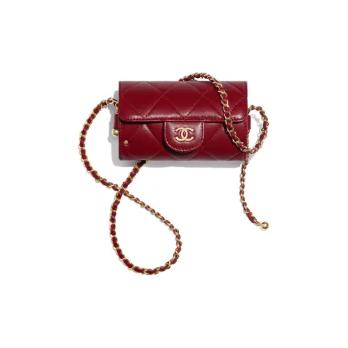 CHANEL Sheepskin Coin Purse Clutch Bag Crossbody Bag Women's Burgundy
