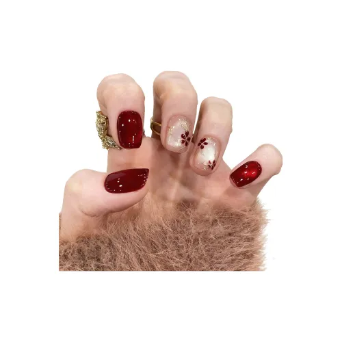 T Z Красный Цветущая слива Вышивка Кошачий глаз Nail Art False Nail Короткий Красный Румяна Stain Новый китайский стиль