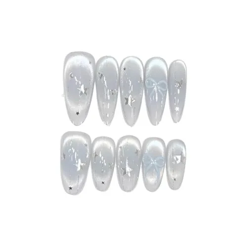 T Z Синий Звезды False Nail Миндаль Укороченный Заостренный Ледяная Прозрачность Синий Размытый Кошачий глаз