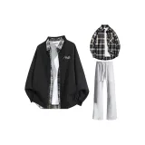 Black Coat + Black Plaid Shirt + Photinia Gray Thickened Jogger Pants  
Черное пальто + черная клетчатая рубашка + фотиния серые утолщенные спортивные брюки