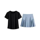 Черный комплект из двух предметов с короткими рукавами (синяя юбка)