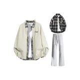 Светлый хаки пальто + черная клетка рубашка + фотиния серый утолщенные спортивные брюки