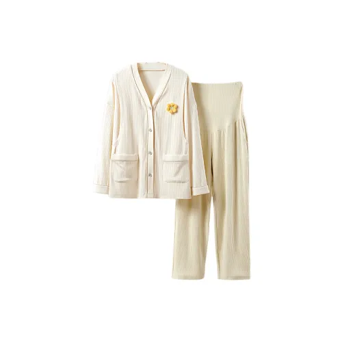 LOUGHNEA Бежевый топ + Зеленые HIGH RISE штаны Женские пижамные комплекты