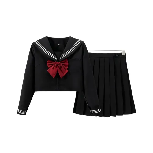 FEIFEIKA Черный THREE Пуговица Длинный рукав Рубашка + Бордовый Бант + Черная А-линия Короткая Юбка Женская Униформа