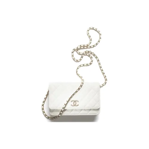 CHANEL Блестящий Grained Телячья кожа Стразы Сумка через плечо Кошелек Мини Women's White