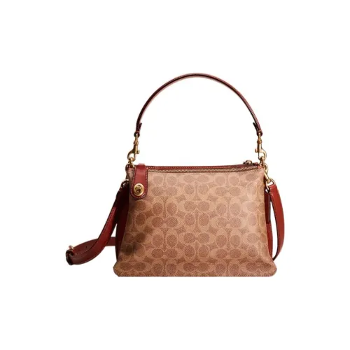 COACH Подпись Покрытый холст Утонченная телячья кожа Портативная Сумка через плечо Сумка на плечо Большая Женская Коричневая
