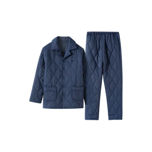 Devanro Темно-синий Ткани вязаные 100% хлопок Pajama Набор Кофе Угольный Тройной Layer Теплоизоляционный Мужской Пижамные комплекты