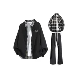 Black Coat + Black Checked Shirt + Black Thickened Jogger Pants  
Черное пальто + черная клетчатая рубашка + черные утолщенные спортивные брюки