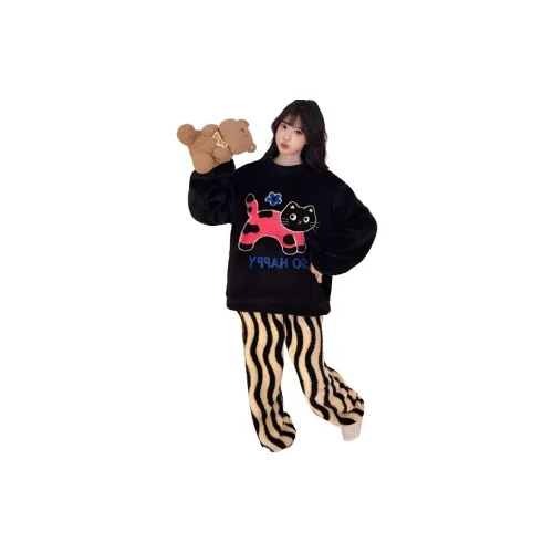 HAPG Черный топ + Полосатые штаны Женские пижамные комплекты