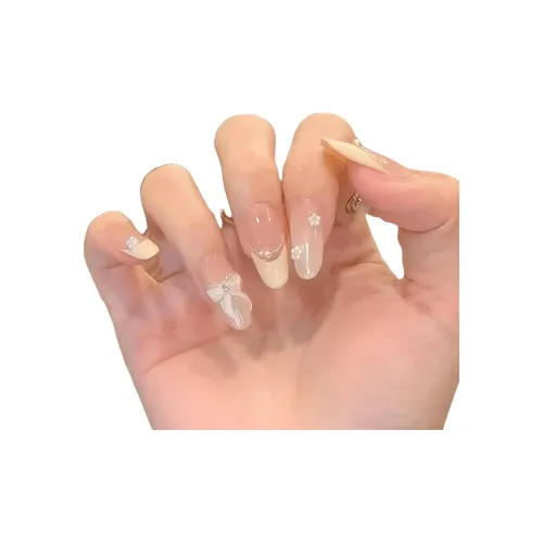 T Z Крем Французский Бант Маленький Жемчужный Handcrafted False Nail MID Длина Миндаль Телесный Румяна Стойкий Стиль Instagram