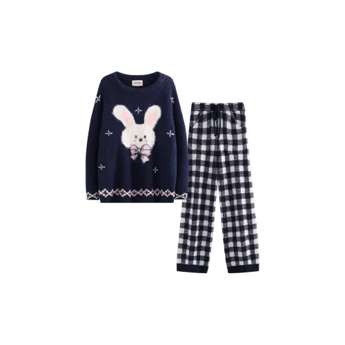 CHATING Синий Бант Кролик Half Рукав Бархат Женские Пижамные комплекты