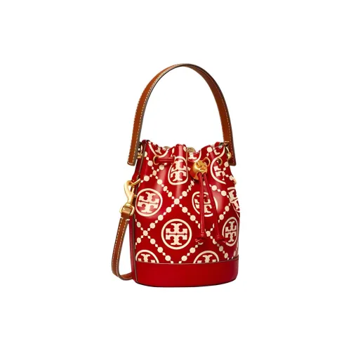 TORY BURCH T Monogram Корова Кожа Ведро Форма Сумка Мини Женская Кремовый Белый и Красный