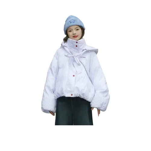 BABUGGE Синий Розовый Полосы Съемный Капюшон Premium Style Женские Пуховики