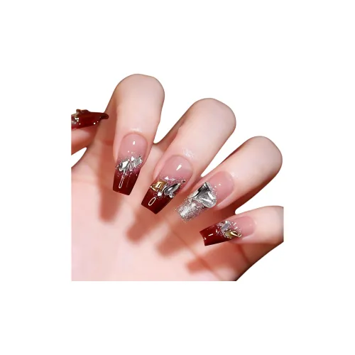 OUYUJI Ручная работа Фальшивые ногти Художественные ленты MID Длина Квадратный и Круглый Бордовый Смоки Стразы Украшенный