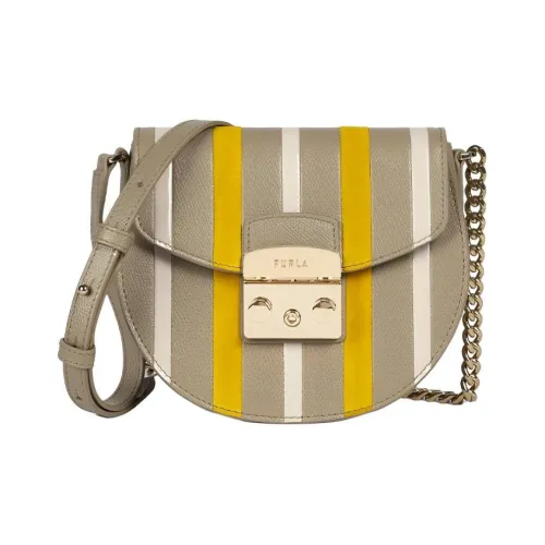 Furla Metropolis Collection Кожа Седло Сумка Сумка через плечо Мини Женские Серый Белый Желтый Полосы