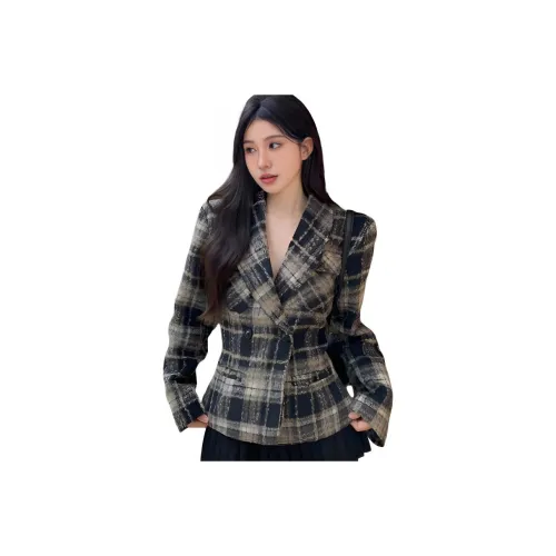 YOUSEKOO Черное Клетчатое Пальто Женское Бизнес-Костюм