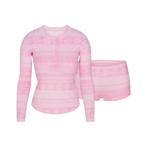 SKIMS Праздника Fw25 Логотип Плюшевый POINTELLE Henley Комплект Повседневный Костюм Женские