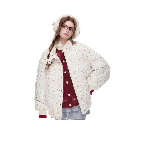 PAZZO Экрю Цветочный [Модный Красивый УНИКАНТ Свободный крой Повседневный] Женские пуховики