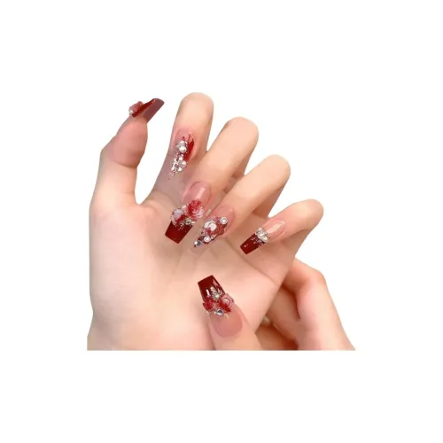 OUYUJI Ручная работа Искусственные Ногти Декоративные Ленты MID Длина Квадратный Круглый Бордовый Смужка Стразы Украшенный