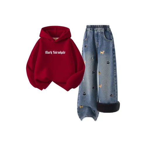 FAIRWHALE [Утолщенный Wa с флисовой подкладкой] Готический логотип K_Средний бордовый + Однотонный джинсовый синий Kids Повседневная спортивная одежда
