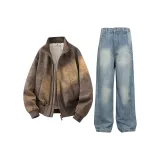 Кофейная куртка + синие штаны