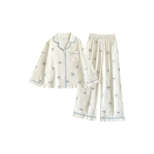 MEIJIAO Белый Синий Бант [Комплекты одежды] Женские Пижамные Наборы
