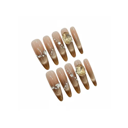 Fanze Дикий Geese Iced Чай Золотой Кошачий глаз Diagonal Faceted Ромб False Nail Pointed Тип Чайный коричневый Градиентный Coquette