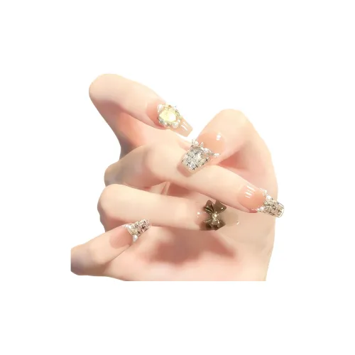 T Z Какао CHANEL Inspired 3D-эффект Бабочка Жемчужный False Nail MID Высота Квадрат Укороченный Оранжево-красный Смужка Французский