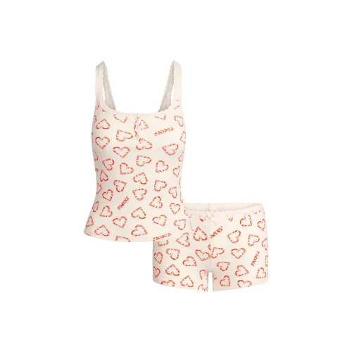 SKIMS Праздничный комплект Fw25 из хлопка с ребристой отделкой кружевным топом и шортками повседневный костюм для женщин