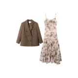 Кофейный шерстяной деловой костюм + хаки платье