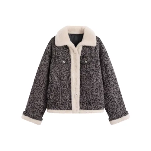 POWXV Леопардовый принт с флисовой подкладкой женские джинсовые куртки