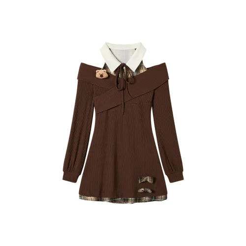 FABRIC PIG Коричневый Платье Женское Длинное Платье с Длинными Рукавами