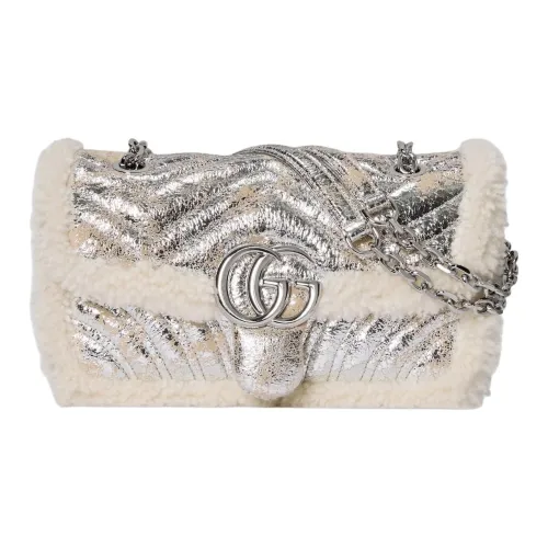 GUCCI GG Marmont Кожа Плечевая Сумка Маленькая Женская Серебряная