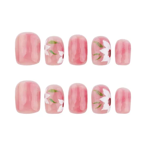 BDQC 2025 Spring Осветляющий Cropped HAND DRAWN Floral 15mm False Nail Short LADDER Pink Solid Color
